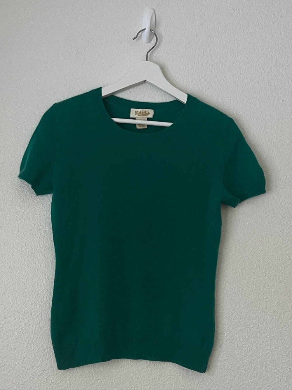 Peck & Peck Kelly Green 100% Cashmere Short Sleeve Sweater Top S 2-Ply Fine Knit